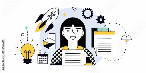 Illustration depicting a woman surrounded by elements of planning and innovation
