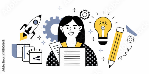 Creative woman surrounded by symbols of innovation ideas and progress