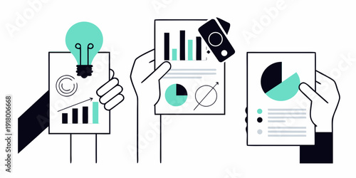 Hands holding papers displaying charts graphs and a lightbulb