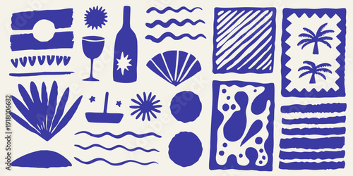 A collection of blue and white abstract summer themed icons