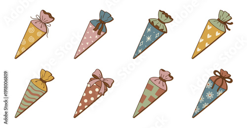 German School Cones Set, Schultuete Vector Illustration