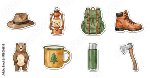 Camping and Hiking Sticker Set, Watercolor Outdoor Adventure Icons