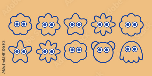 Cartoon monster faces with big eyes on orange background