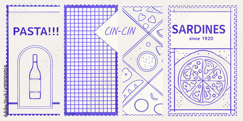 Vintage style food labels featuring pasta pizza sardines and cin cin