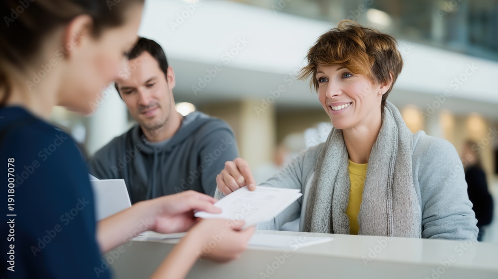 Fototapeta premium Woman smiling while receiving documents at reception desk 
