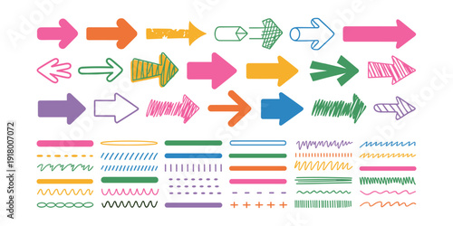 Colorful arrows and lines on white background hand drawn