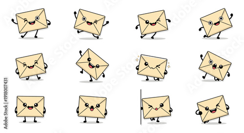 Cartoon envelopes with arms and legs expressing various emotions  