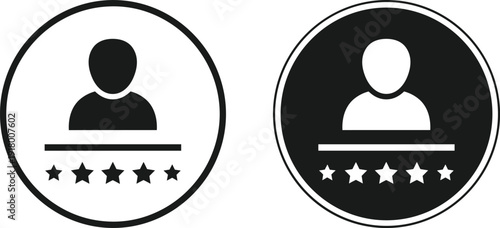 Set of Rating and Review Icons Featuring User Silhouettes with Five-Star Feedback in Black-and-White Circular Designs