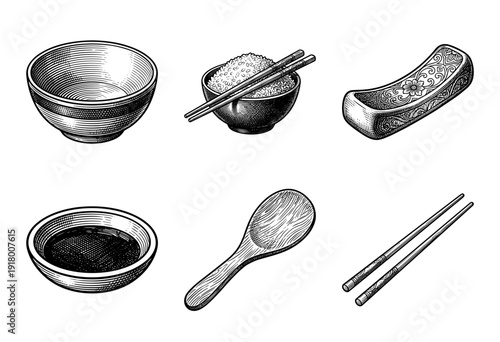 Vintage woodcut style illustration of Asian dining set including ceramic bowls rice chopsticks and wooden spoon
