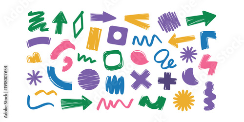 Colorful hand drawn shapes and arrows on white background