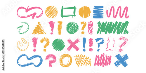 Colorful hand drawn shapes and symbols white background