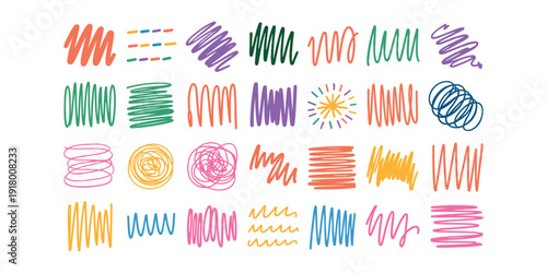 Colorful scribbles and lines in various patterns and textures colorful lines hand drawn in white background