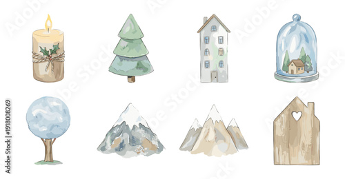 Winter Watercolor Illustration Set with Mountains and Houses