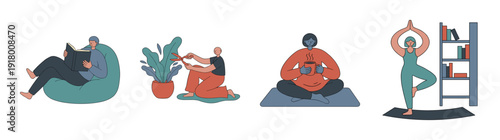 Flat Vector Self-Care and Mindful Living Character Element Kit for Wellness and Mental Health Branding