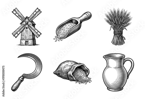 Vintage engraving style collection of traditional farming and grain harvesting icons featuring a windmill sickle and wheat elements.