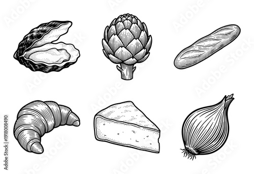 Set of hand drawn food and vegetable icons in vintage woodcut engraving style featuring oyster artichoke baguette croissant cheese and onion