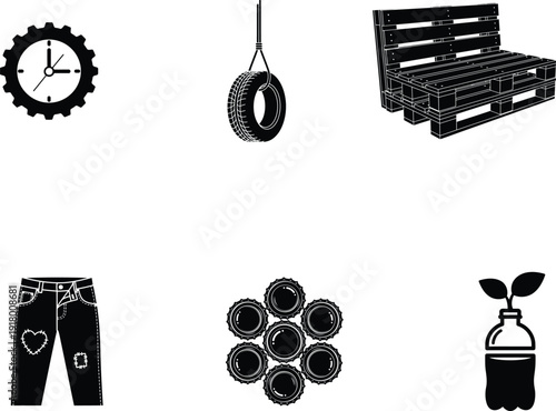 collection of various everyday objects and symbols in black and white