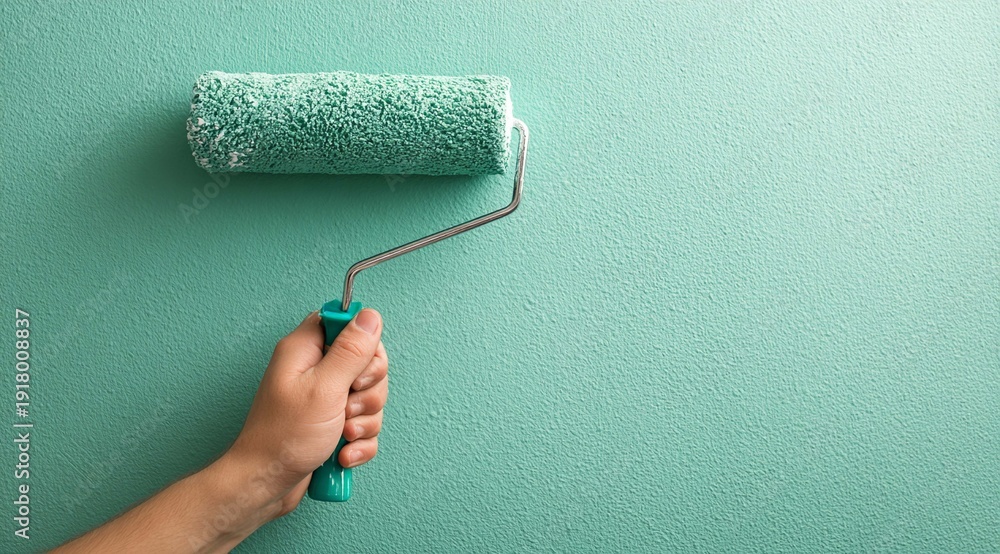 Obraz premium A close-up of a hand painting a wall green with a paint roller. A banner advertising renovations.