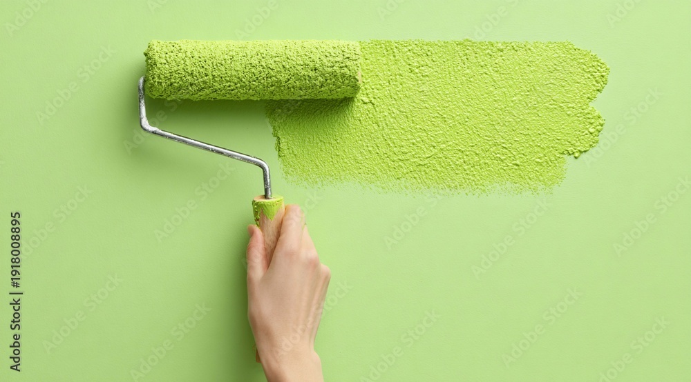 Obraz premium A close-up of a hand painting a wall green with a paint roller. A banner advertising renovations.