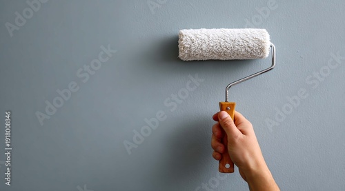 A close-up of a wall being painted with a roller. A hand holding a brush and using a roller to paint a room's surface a light color—a home renovation concept.