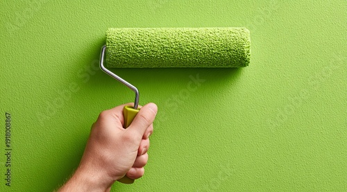 A close-up of a hand painting a wall green with a paint roller. A banner advertising renovations.