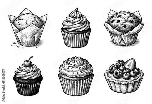 Vintage hand drawn engraving style collection of assorted cupcakes muffins and a fruit berry tartlet