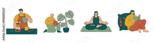 Flat Vector Self-Care and Wellness Character Graphic Set for Mindful Lifestyle Branding