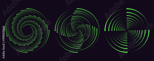 Set of speed lines in circle form. Radial speed Lines in Circle Form for comic books. Technology round Logo. Black thick halftone dotted speed lines.
