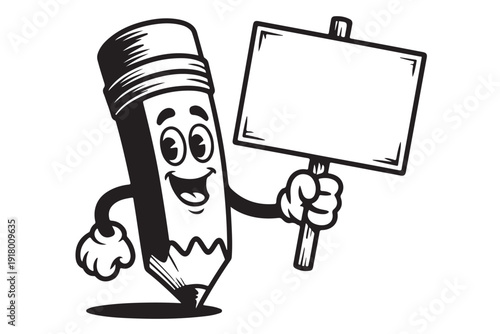 Cheerful cartoon pencil character mascot holding empty wooden sign board for school education announcement isolated vector illustration