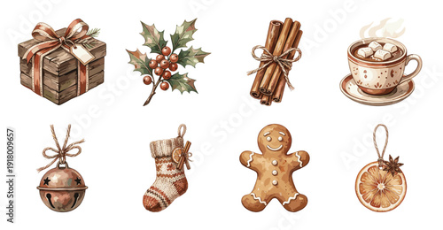 Rustic Christmas Sticker Set, Vintage Watercolor Winter Illustrations