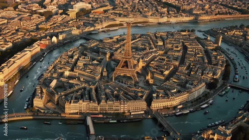 Parisian Panorama: An aerial perspective reveals the iconic Eiffel Tower dominating the heart of a historic city, with winding waterways and a vibrant cityscape.