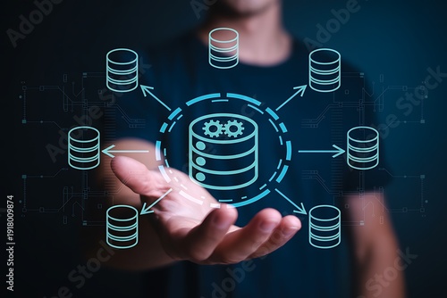 Data integration and ETL process. Data pipeline and data warehouse. Engineer holding database icons.