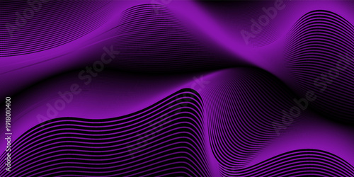 Dynamic abstract dark background. Wavy lines of rich neon, purple shades on a deep black background. Thin, bright stripes create the effect of glow, movement, fluid, flowing light energy.