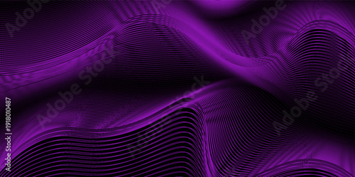 Dynamic abstract dark background. Wavy lines of rich neon, purple shades on a deep black background. Thin, bright stripes create the effect of glow, movement, fluid, flowing light energy.