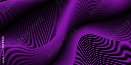 Dynamic abstract dark background. Wavy lines of rich neon, purple shades on a deep black background. Thin, bright stripes create the effect of glow, movement, fluid, flowing light energy.