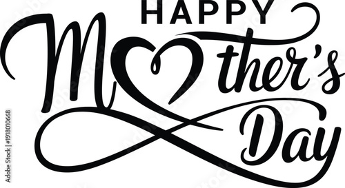 Happy Mother's Day Elegant Black Calligraphy Script with Integrated Heart Shape Design for Greeting Cards Gifts and Special Celebration Decor