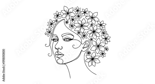 Minimalist female face line art vector, elegant continuous black stroke, flowers integrated in hair, monochrome flat design, white background, International Women’s Day concept