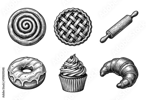 Vintage engraving style bakery and pastry collection featuring a cinnamon roll pie rolling pin donut cupcake and croissant