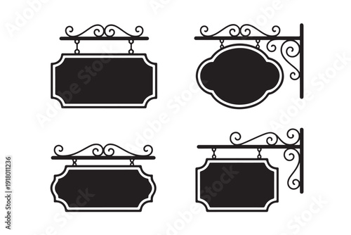 Set of forged antique street signs, hanging signs for cafe or shop, vintage outdoor advertising with space for text, black metal signboard template