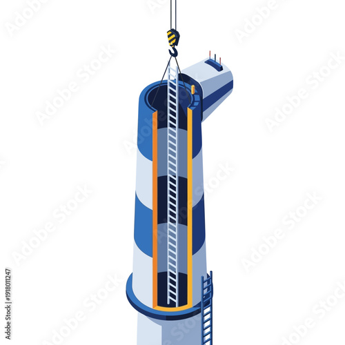 Industrial pipe installation with crane lifting large cylindrical section.