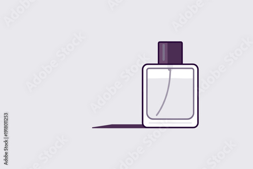 Minimalist illustration of a clear glass perfume bottle with a purple cap and a subtle shadow