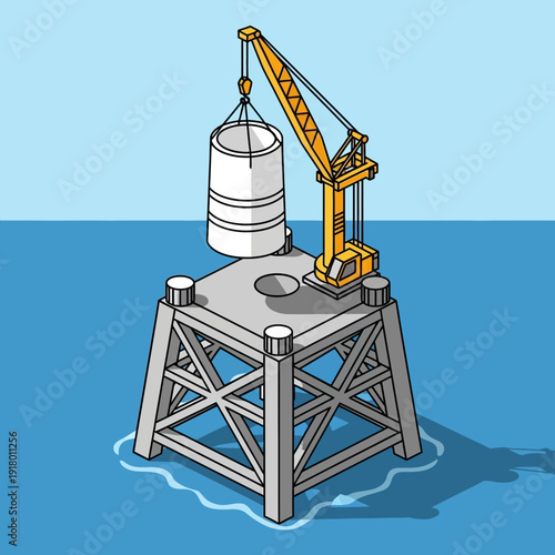 Offshore oil rig platform with crane lifting a large metal container.