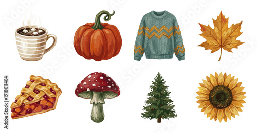 Autumn Seasonal Element Set, Hand Drawn Cozy Icons