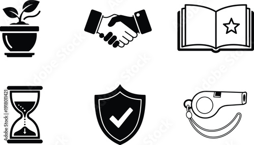 black and white icons of business and security symbols and objects