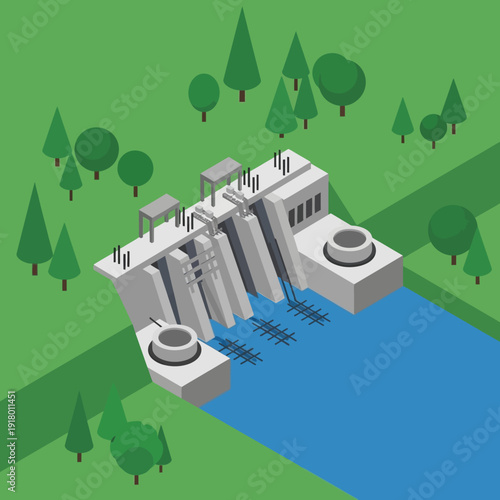 Isometric illustration of a hydroelectric power plant surrounded by trees and greenery.