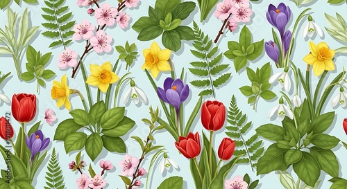 Diverse spring flowers and foliage create a light blue patterned background.