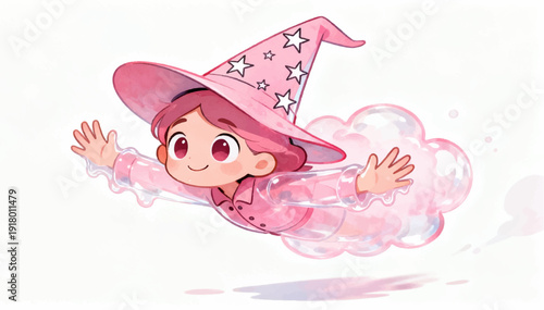 Vector illustration of a little flying pink wizard-babai, based on my son's imagination.