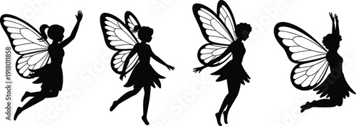 Set, of, black, flying, fairy, silhouettes, with, butterfly, wings, for, fantasy, magic, enchanted, garden, and, whimsical, mythical, designs