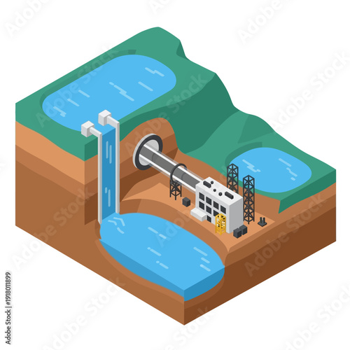 Isometric illustration of a hydroelectric power plant with water flowing through turbines.