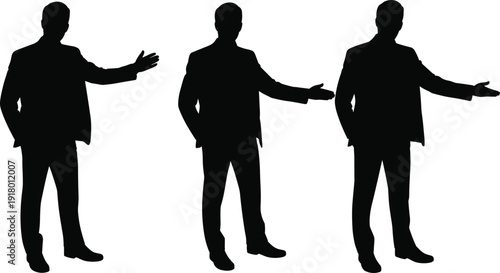 Black, silhouettes, of, a, professional, businessman, in, a, suit, presenting, and, gesturing, for, corporate, designs